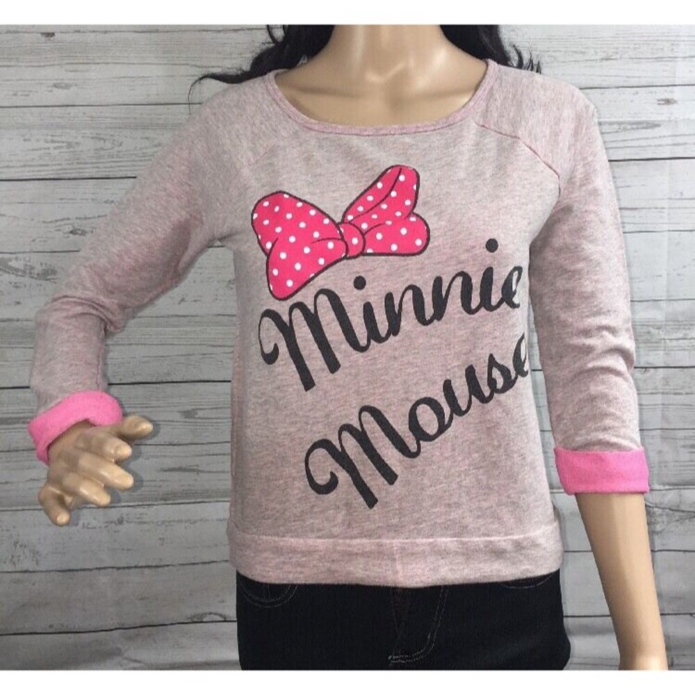 Disney Minnie Mouse Shirt XS Heather Gray Pink Crop Top Casual Raglan Teen